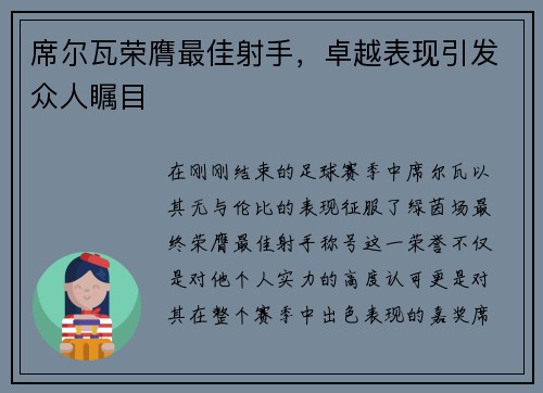 席尔瓦荣膺最佳射手，卓越表现引发众人瞩目