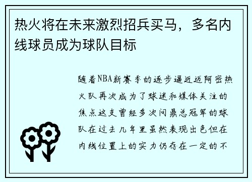 热火将在未来激烈招兵买马，多名内线球员成为球队目标